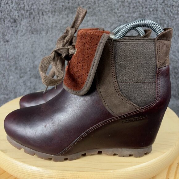 Merrell Hidden Wedge Boots Cinnamon Smooth Womens Size 5 Brown Leather Chelsea - Picture 1 of 9